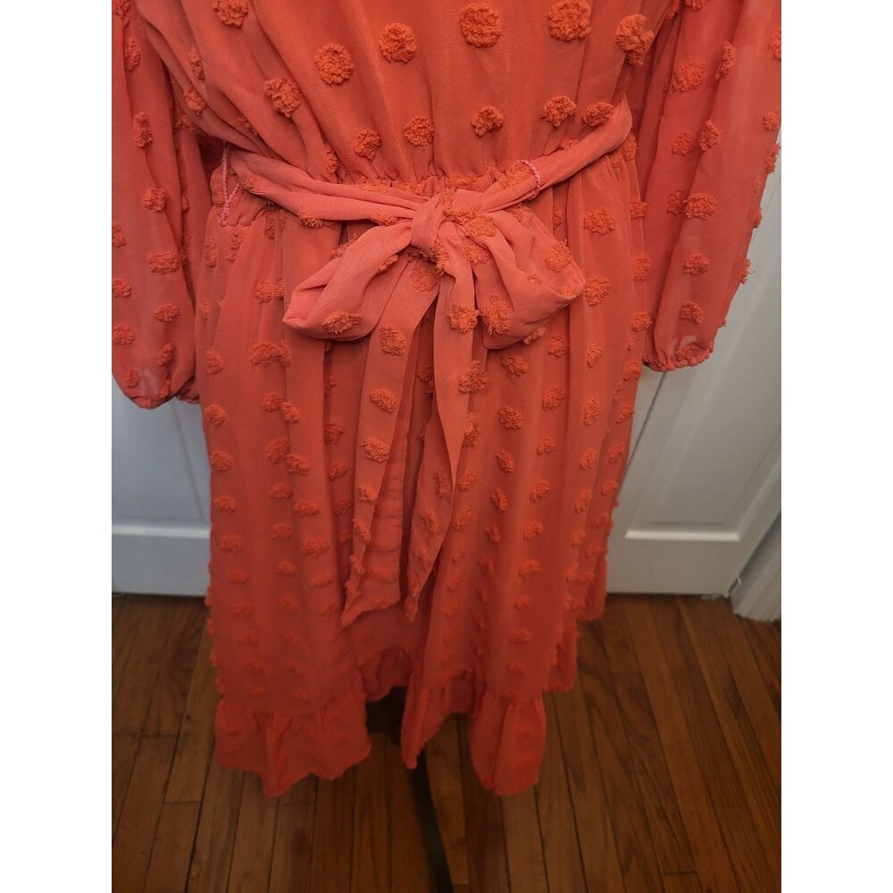 Coral Sheer Clip Dot Tiered Midi Dress Elastic Waist Cato L Boho Spring Easter - Picture 5 of 7